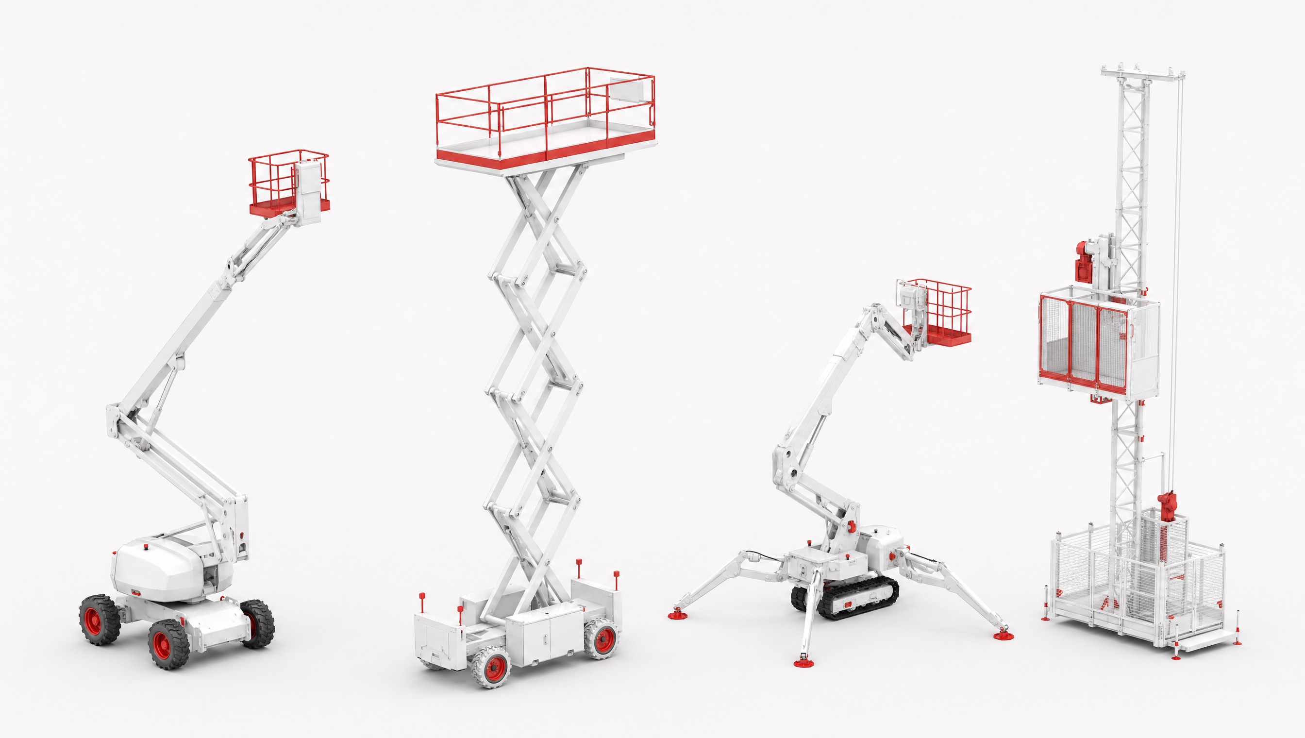 Industrial close-up render of a telescopic boom lift with vermillion accent